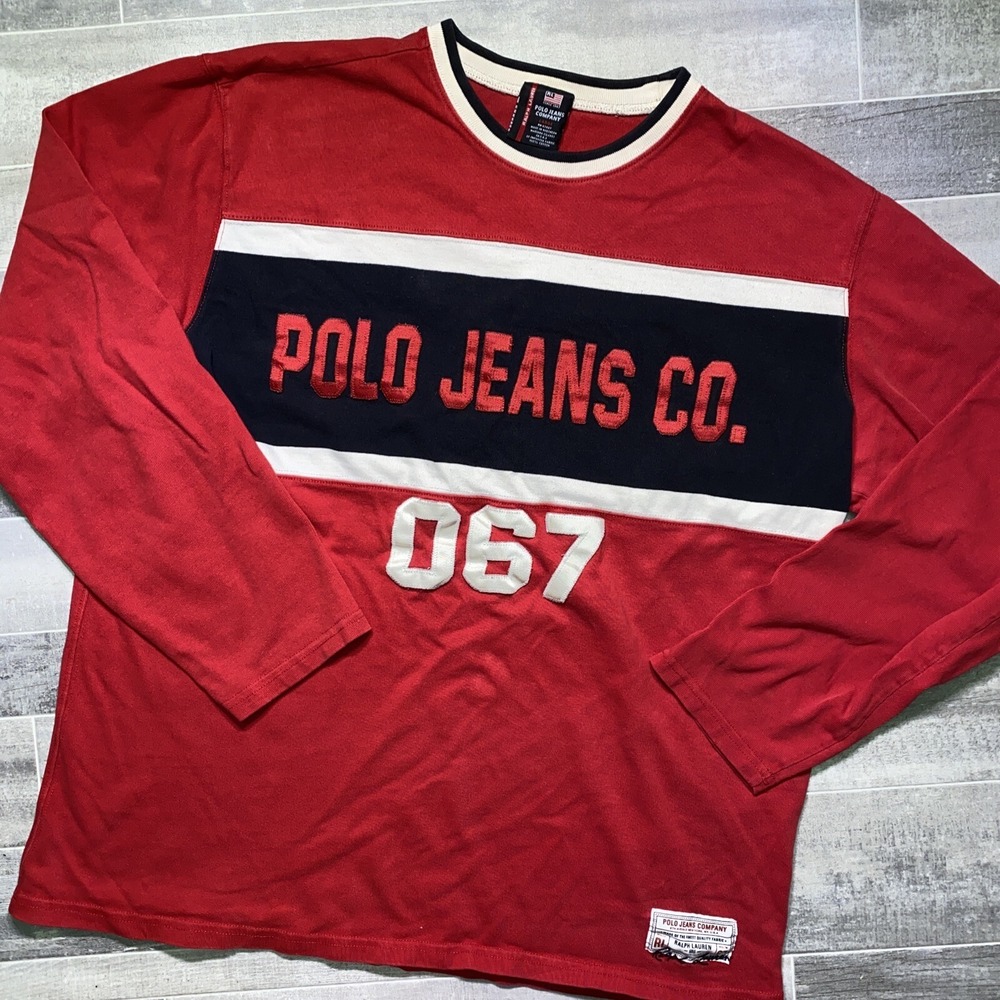 Y2K Polo Jeans Co Shirt RL 67 Men Large Rugby Colorblock Stripe Spellout 90s Rap